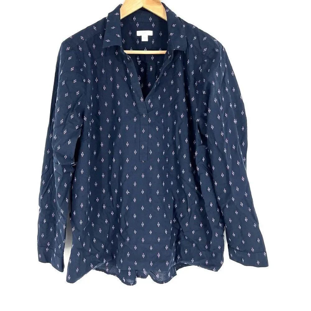 J Jill Tunic Top Size Large Womens Blue Embroidered V Neck Shirt Casual Boho